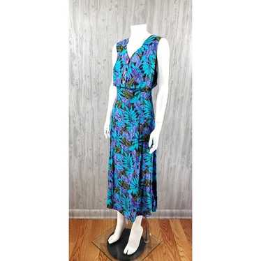 Long Blue Dress 90s Tropical Attached Vest Maxi D… - image 1