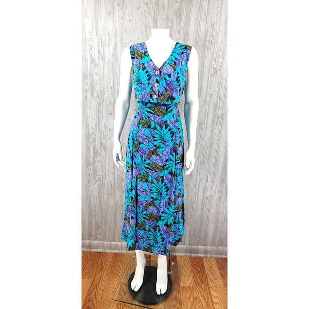Long Blue Dress 90s Tropical Attached Vest Maxi D… - image 2