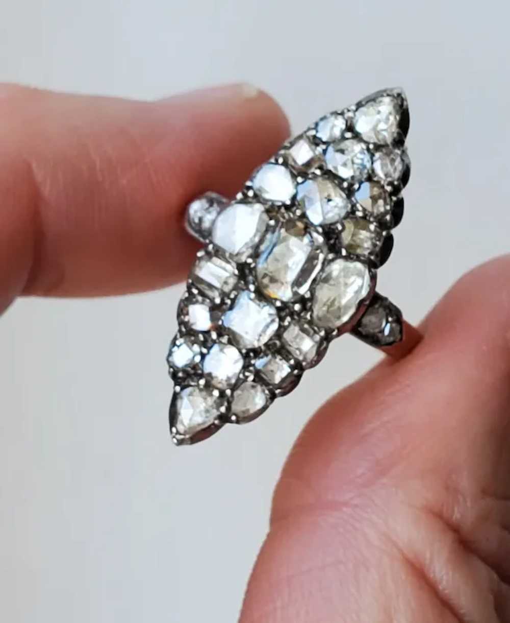 Antique 18K Old Rose Cut Diamond Navette Ring - image 3