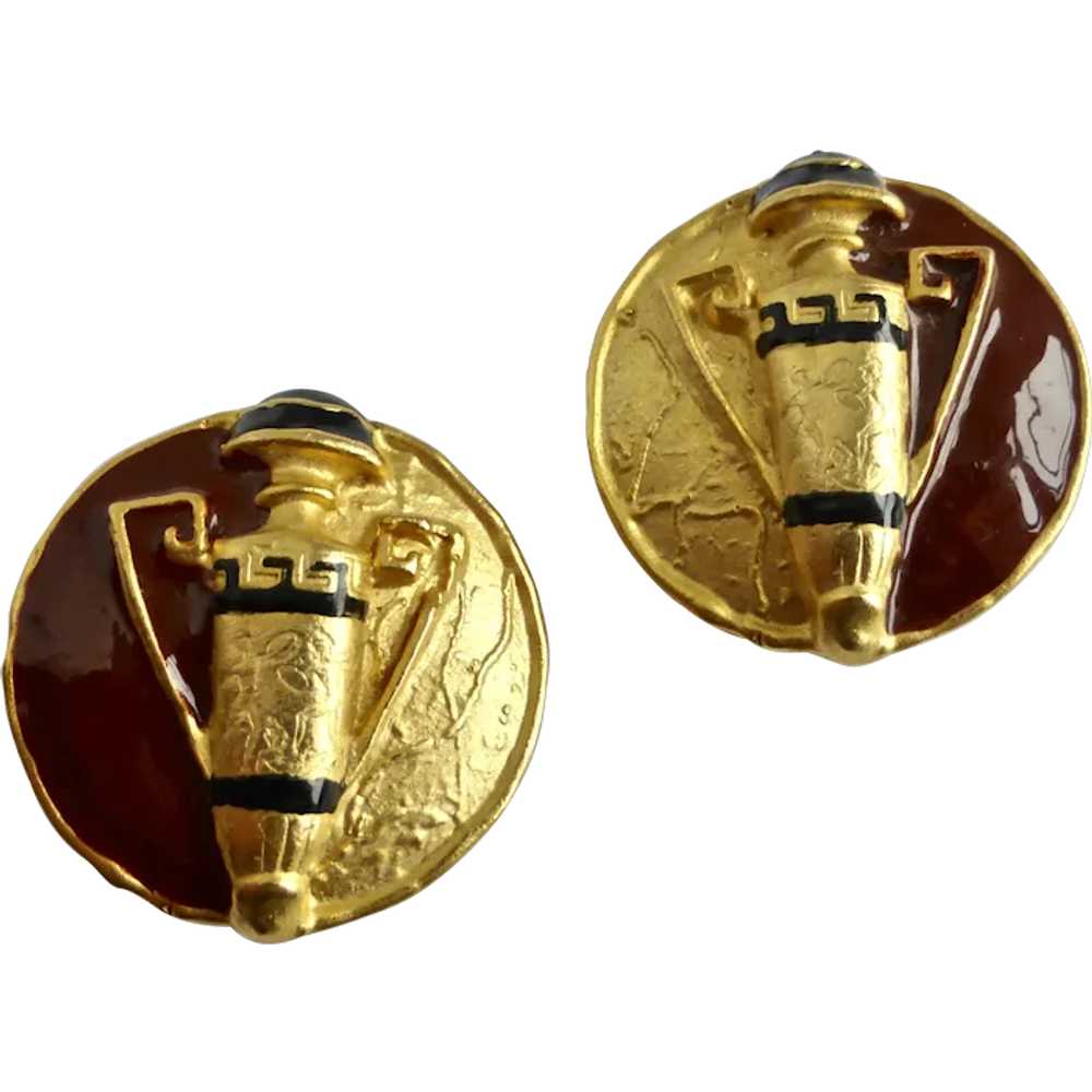 Grecian Urn Clip Back Enamel and gold Tone Earrin… - image 1