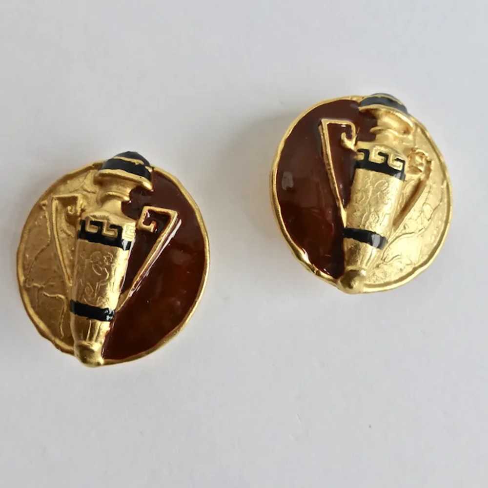 Grecian Urn Clip Back Enamel and gold Tone Earrin… - image 3
