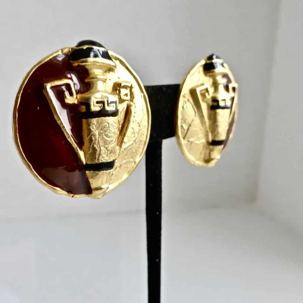 Grecian Urn Clip Back Enamel and gold Tone Earrin… - image 5
