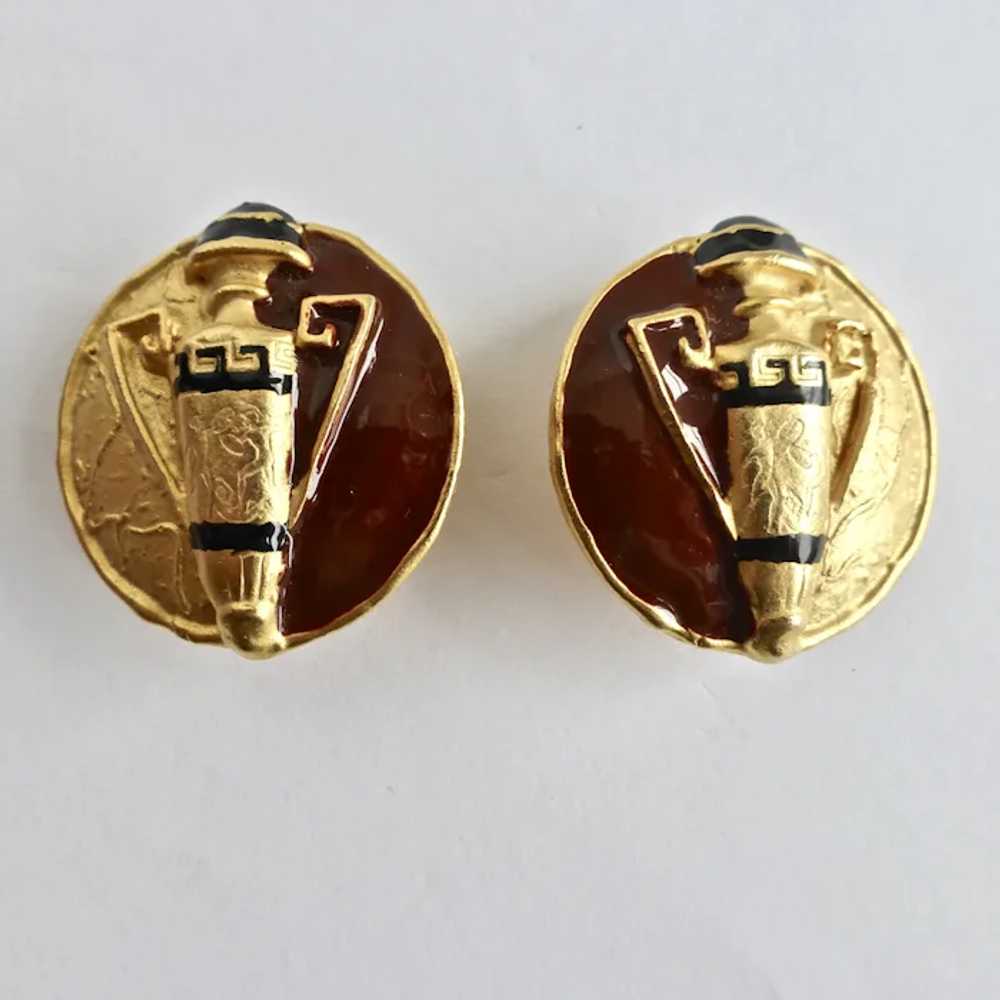 Grecian Urn Clip Back Enamel and gold Tone Earrin… - image 6