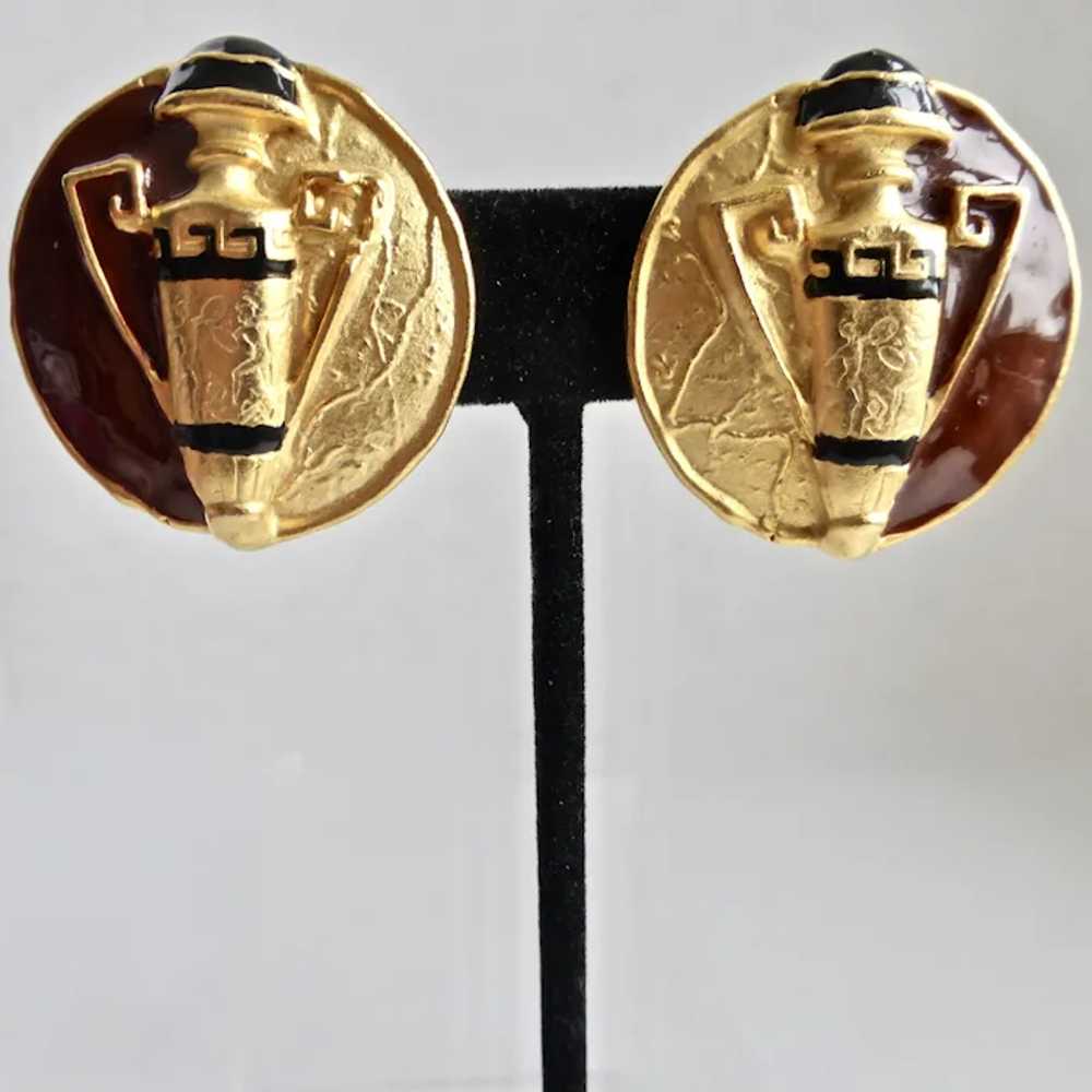 Grecian Urn Clip Back Enamel and gold Tone Earrin… - image 7