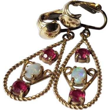 14k Gold Opal and Ruby Vintage Earrings - image 1