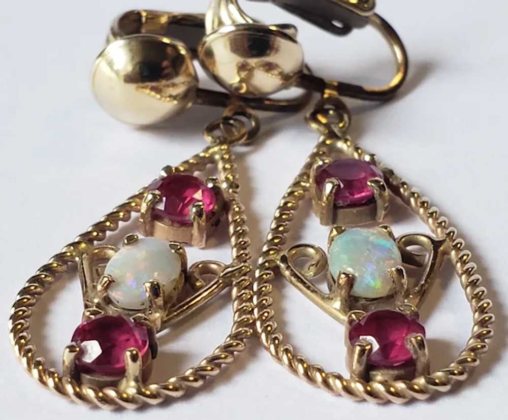 14k Gold Opal and Ruby Vintage Earrings - image 4