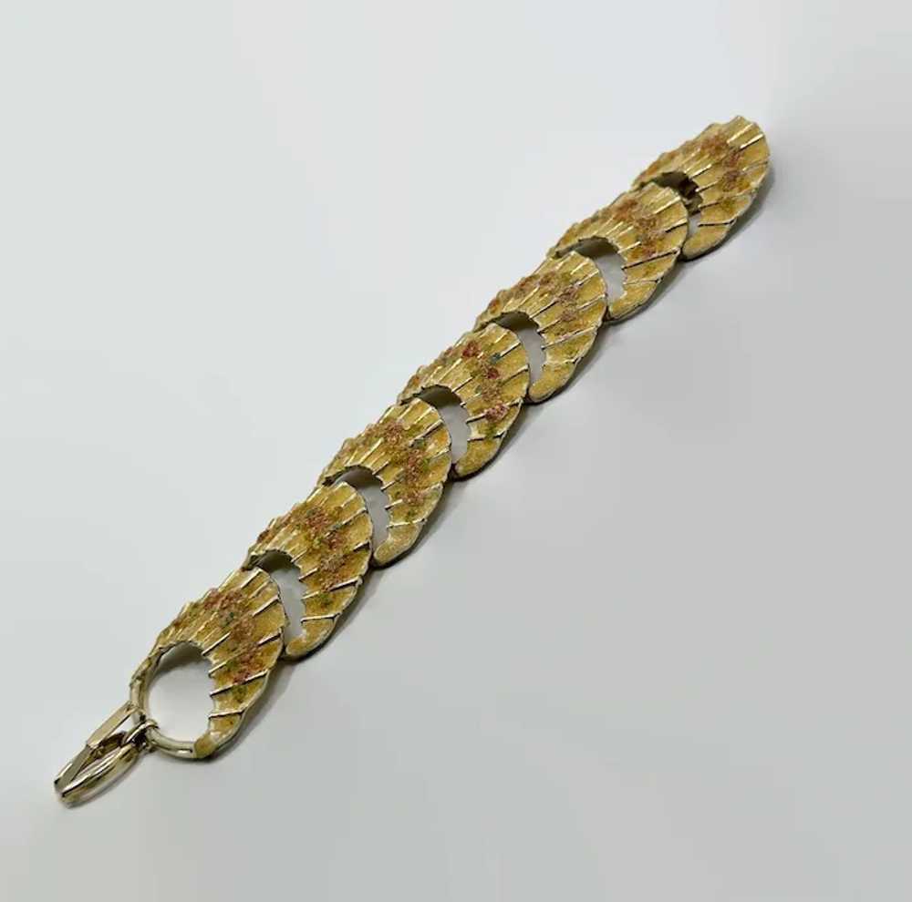 Vintage Bracelet, Wide Panels, Gold Metal, Flower… - image 6