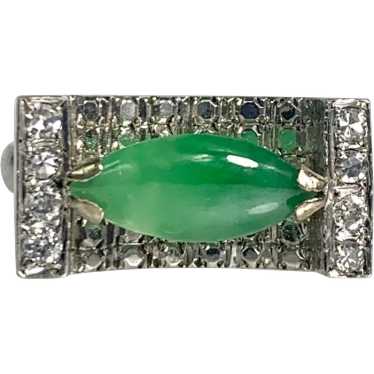 14K White Gold Marquise Cut Green Jade Vintage Dia
