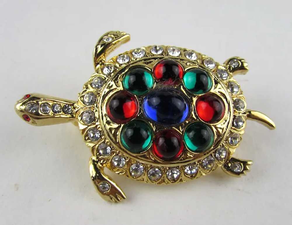 Gold Tone Sea Turtle Pin With Red, Blue and Green… - image 3