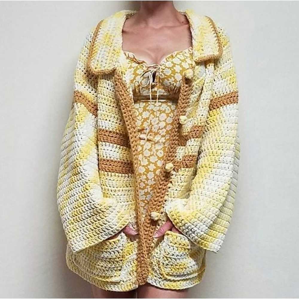 Vintage Handmade Crochet Knit Yellow Tan Button U… - image 2
