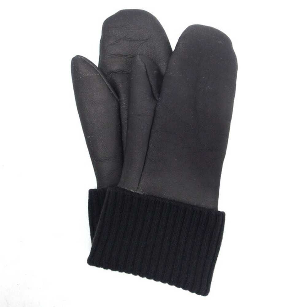 HERMES Lambskin Mitten Gloves Long Black M Size - image 1