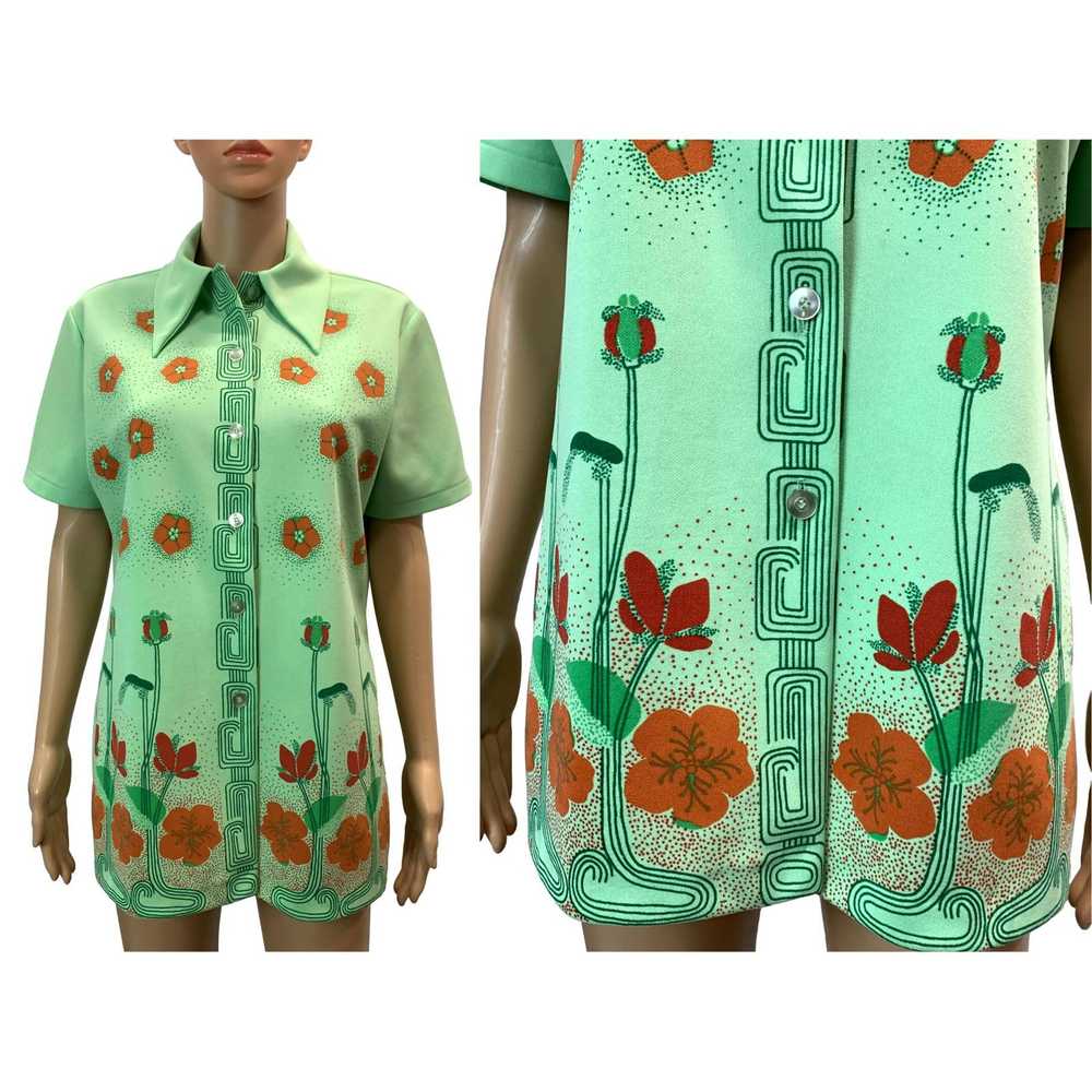 Vintage 70s Green Polyester Knit Floral Print Tun… - image 2