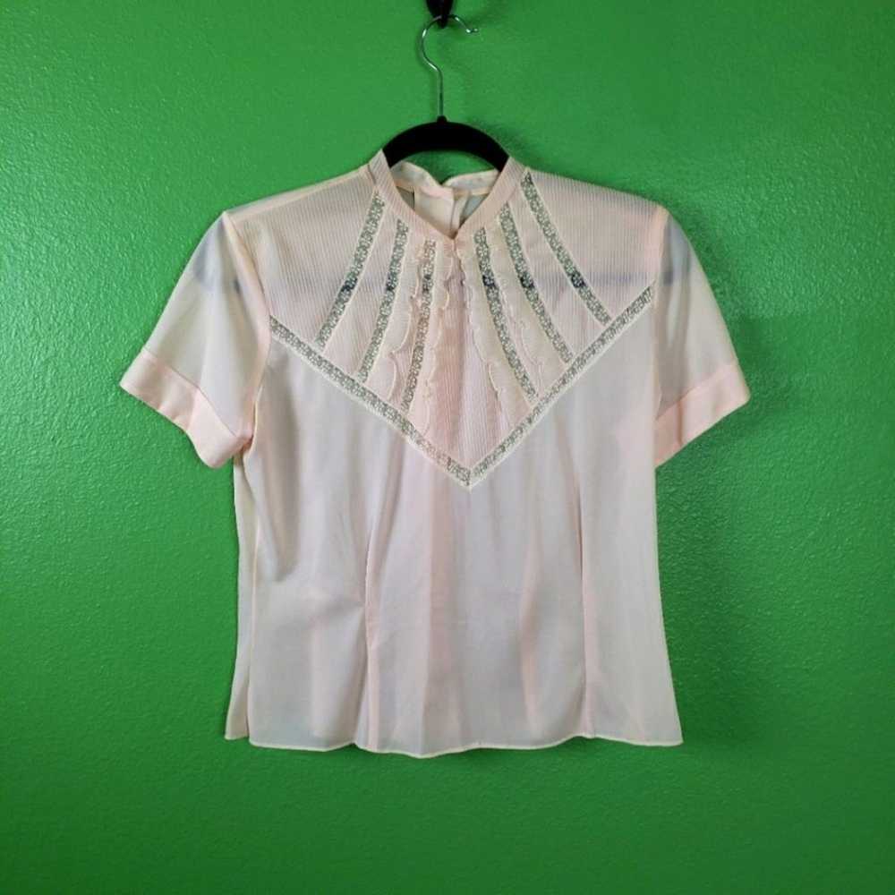 Vintage Na Ma Light Pink Lace Nylon Short Sleeve … - image 1