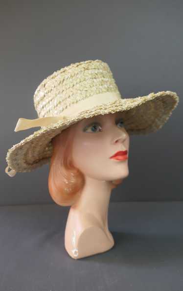 Vintage Ivory Straw Wide Brim Hat, 1960s, 22 inch 
