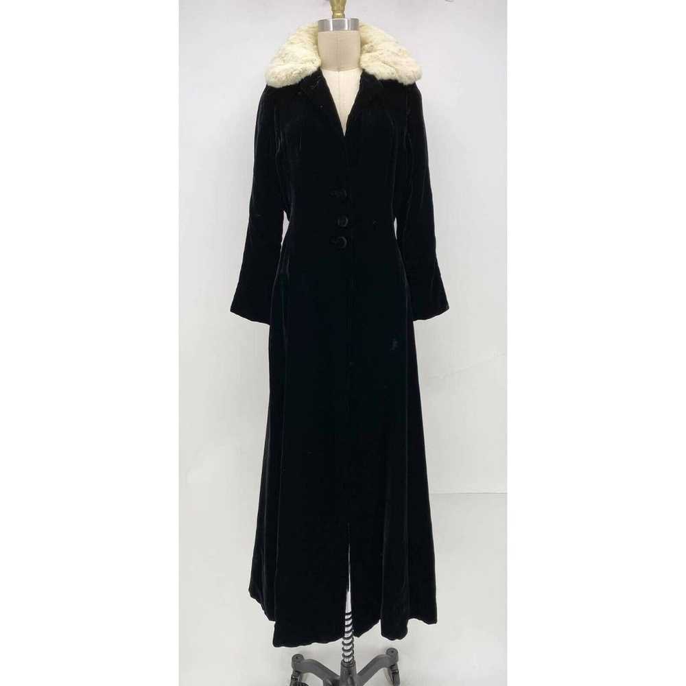 Vintage Long Velvet Dress Coat Black Ivory Faux F… - image 1
