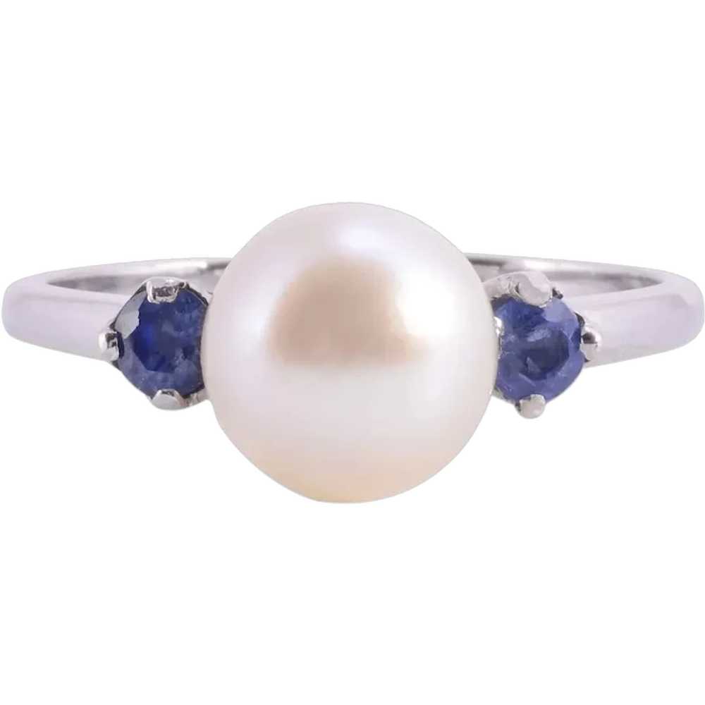 Cultured Saltwater Pearl Ring with Sapphires - Si… - image 1
