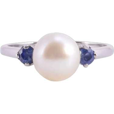 Cultured Saltwater Pearl Ring with Sapphires - Si… - image 1