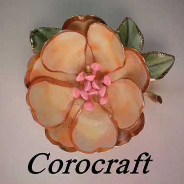 Signed Corocraft Enamel and Metal Flower Brooch - image 1