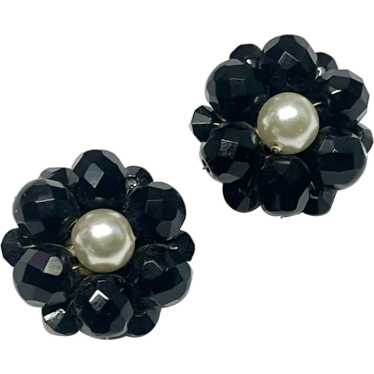 Vintage black crystal hand beaded flower earrings