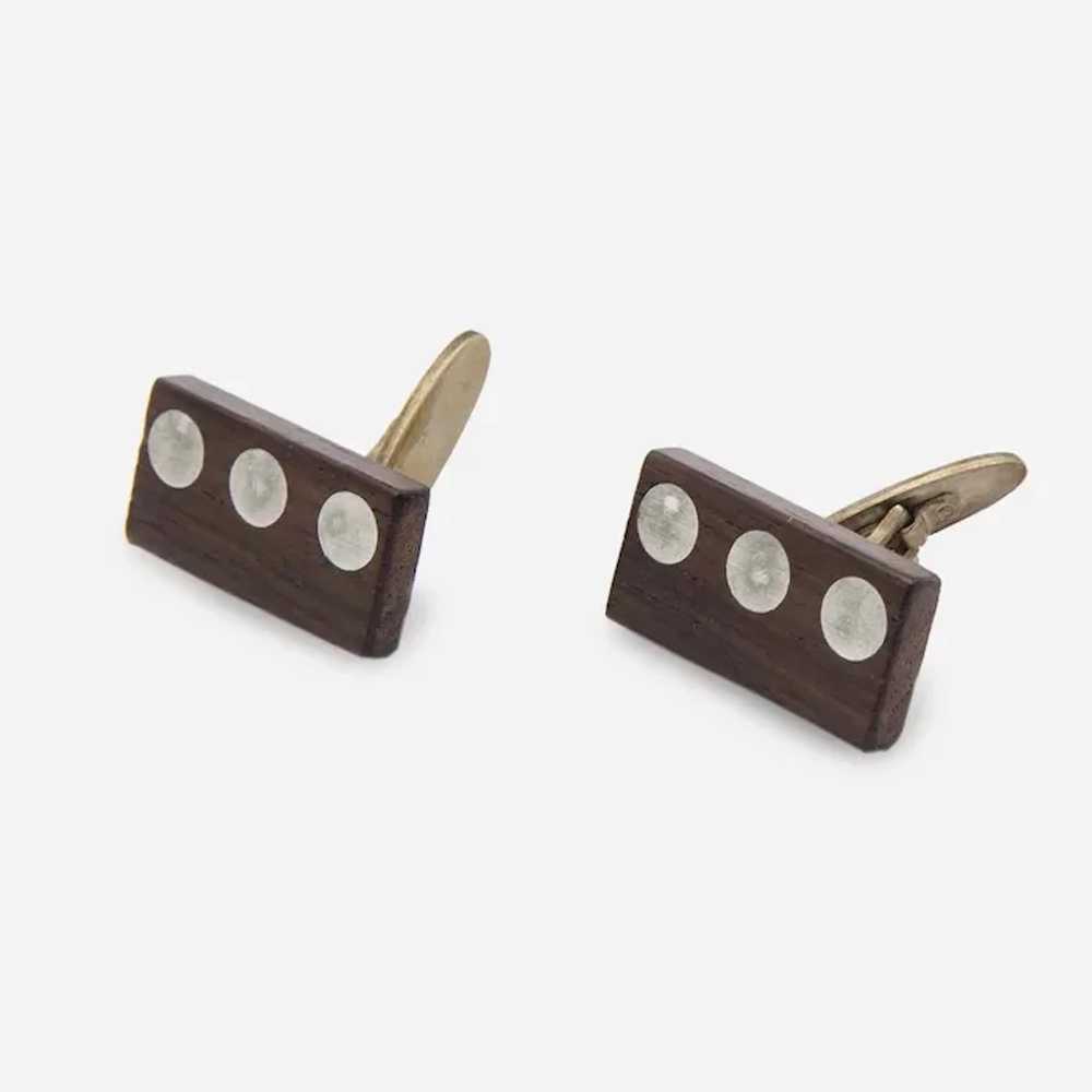 Mid-Century Wood Cufflinks with Silver Metal Inlay - image 2