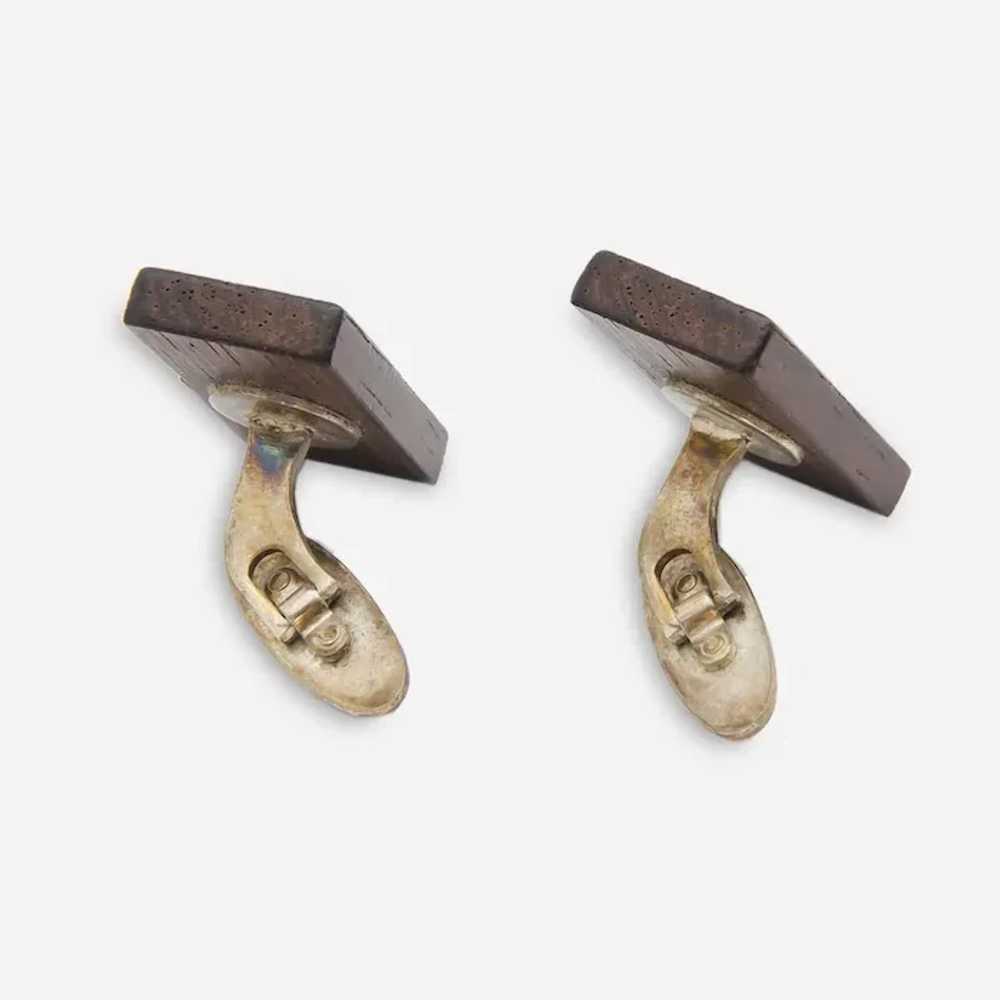 Mid-Century Wood Cufflinks with Silver Metal Inlay - image 4