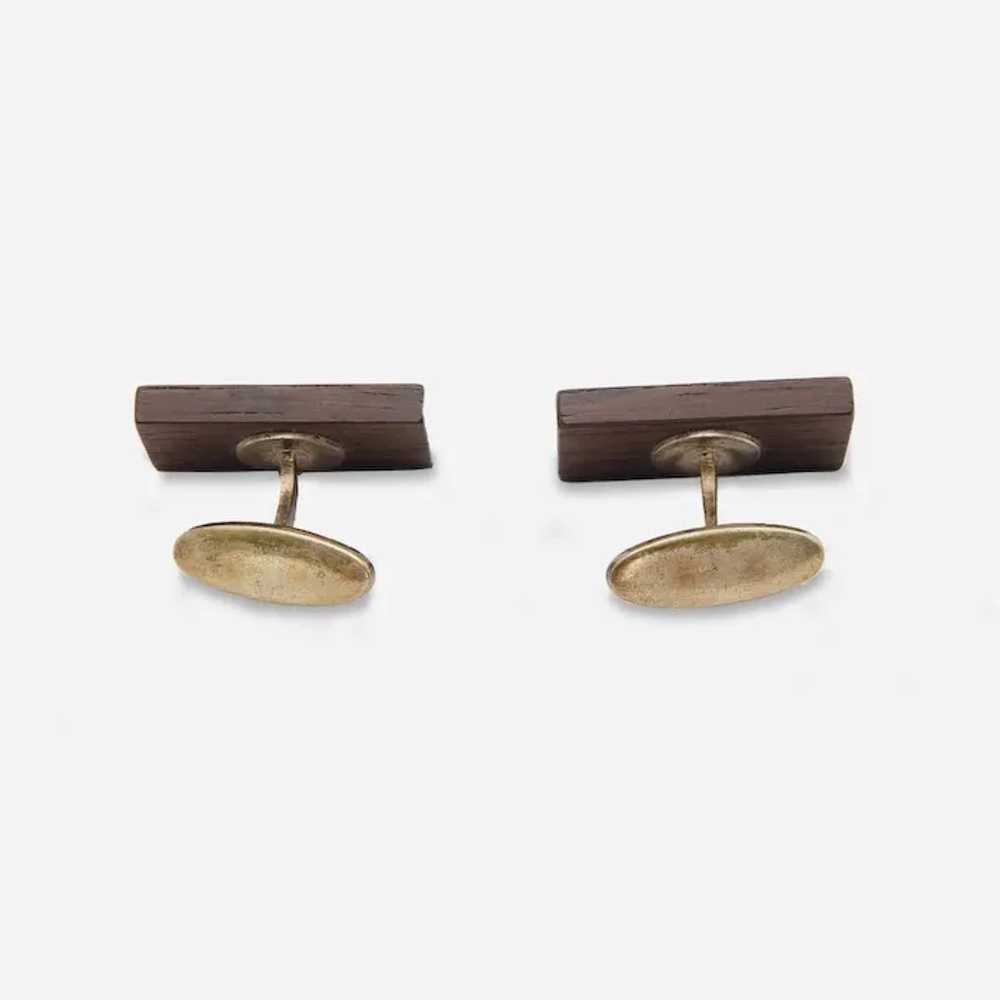 Mid-Century Wood Cufflinks with Silver Metal Inlay - image 5