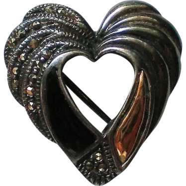 Sterling Silver Marcasite Onyx Valentine Heart Pin - image 1