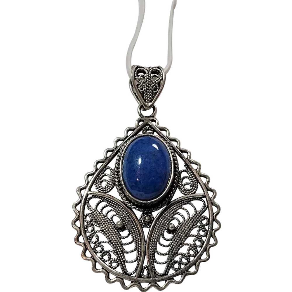 Sterling silver filigree pendant with oval lapis - image 1