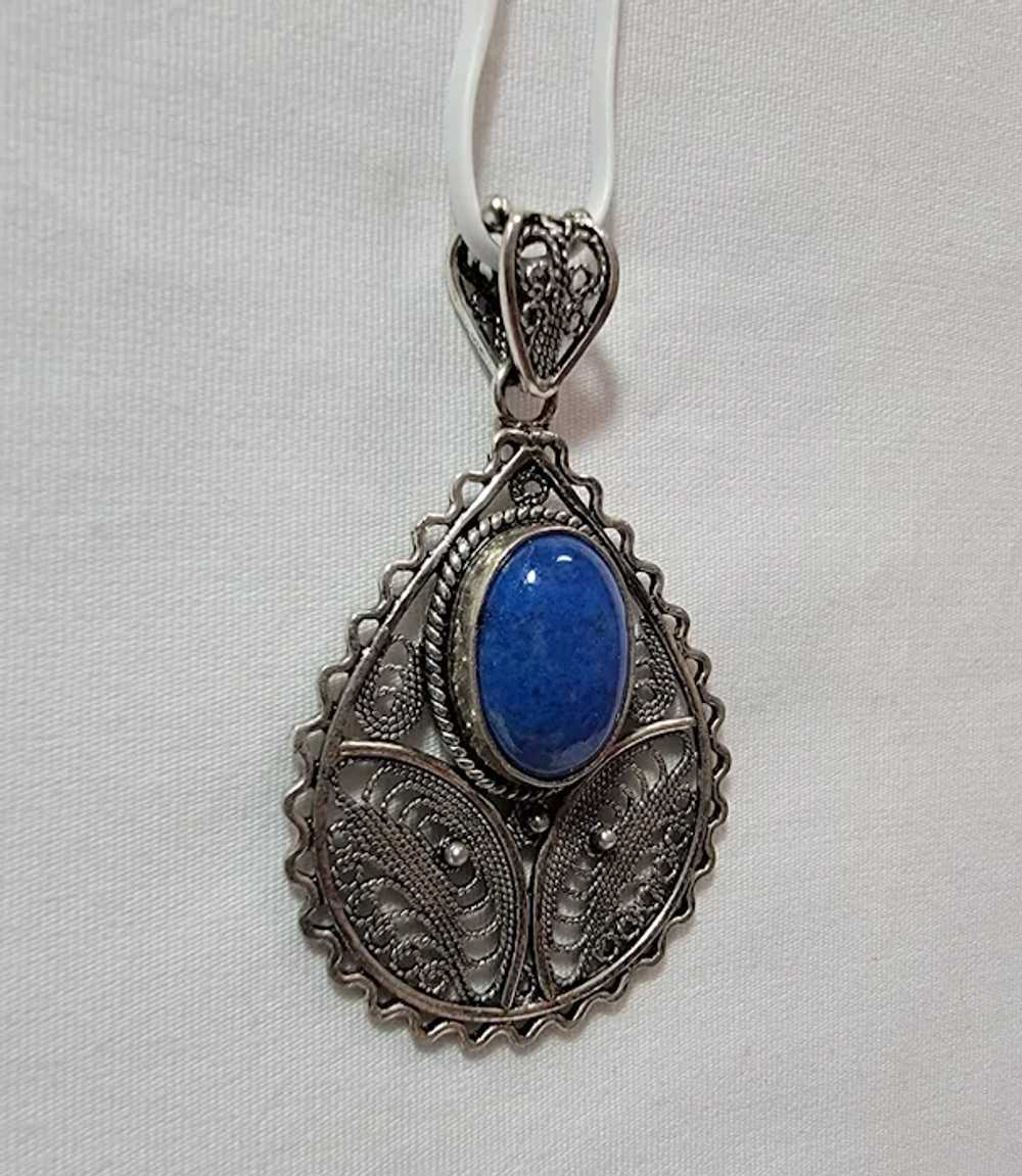 Sterling silver filigree pendant with oval lapis - image 3