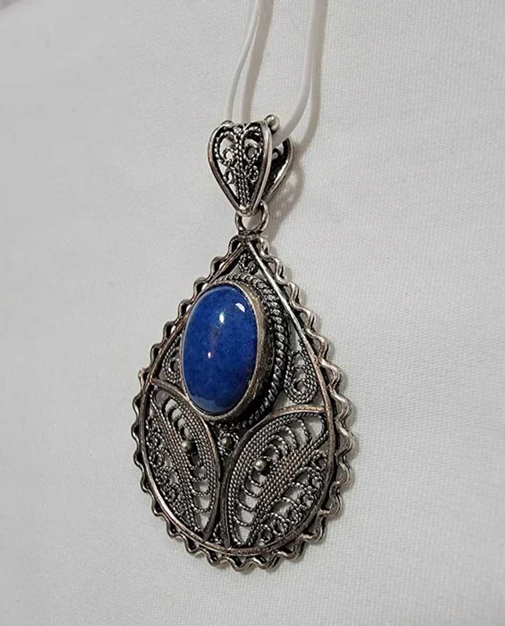 Sterling silver filigree pendant with oval lapis - image 4