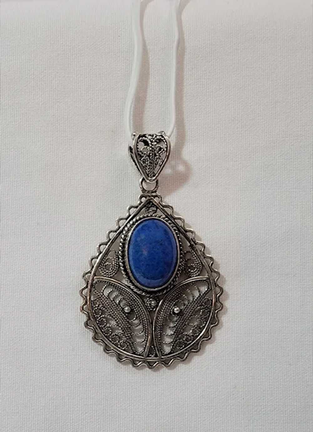 Sterling silver filigree pendant with oval lapis - image 9