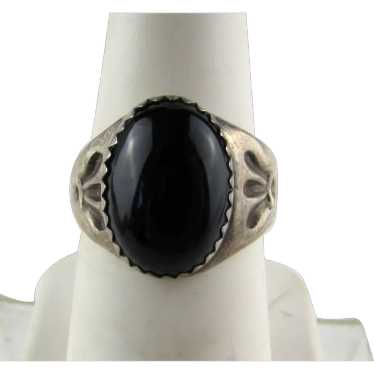 Sterling Silver and Onyx Deco Ring