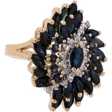 Sapphire Diamond Floral Statement Ring 10K Yellow… - image 1