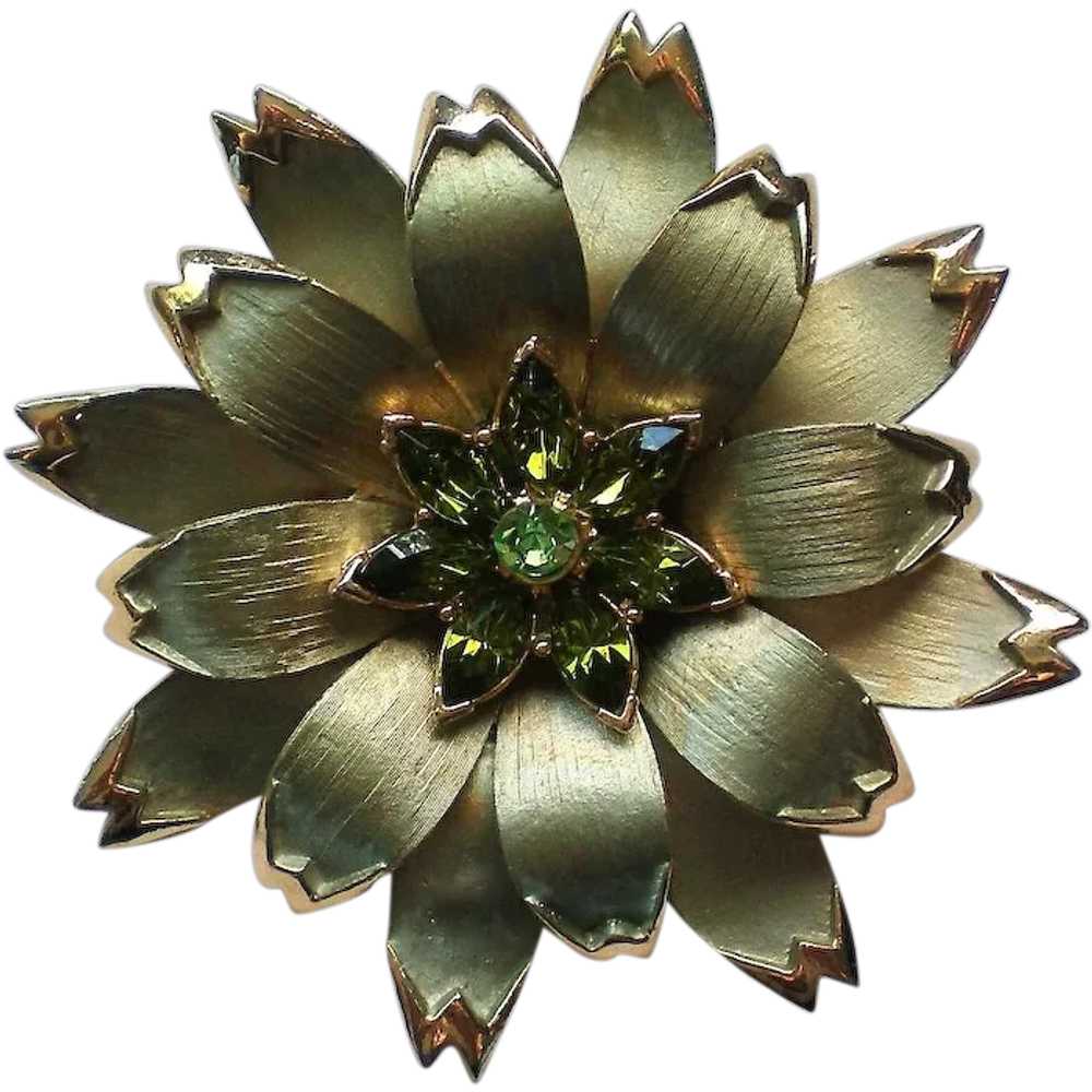 Large Multi-Layered Metal Brooch with Peridot Gre… - image 1