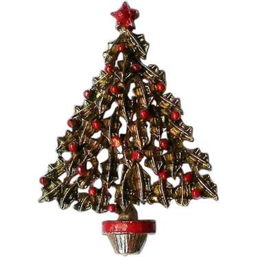 Gold tone Christmas Tree Pin with Holly Berries - image 1