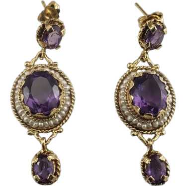 14K Yellow Gold Amethyst and Pearl Earrings Lab Ce