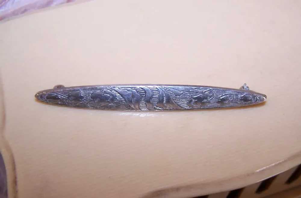 Antique Etched Sterling Silver Bar Pin - Lily of … - image 3