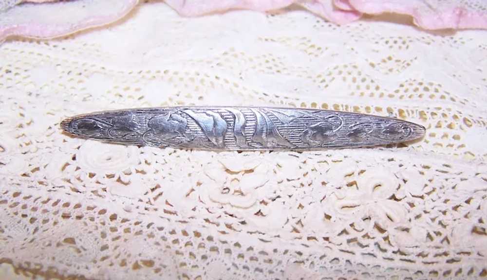 Antique Etched Sterling Silver Bar Pin - Lily of … - image 4