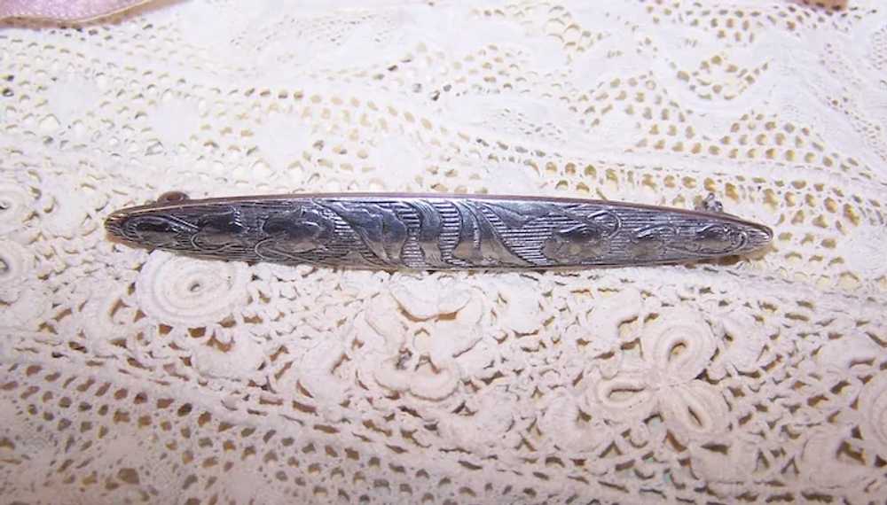 Antique Etched Sterling Silver Bar Pin - Lily of … - image 7