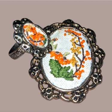 Vintage needle point brooch and matching ring - image 1