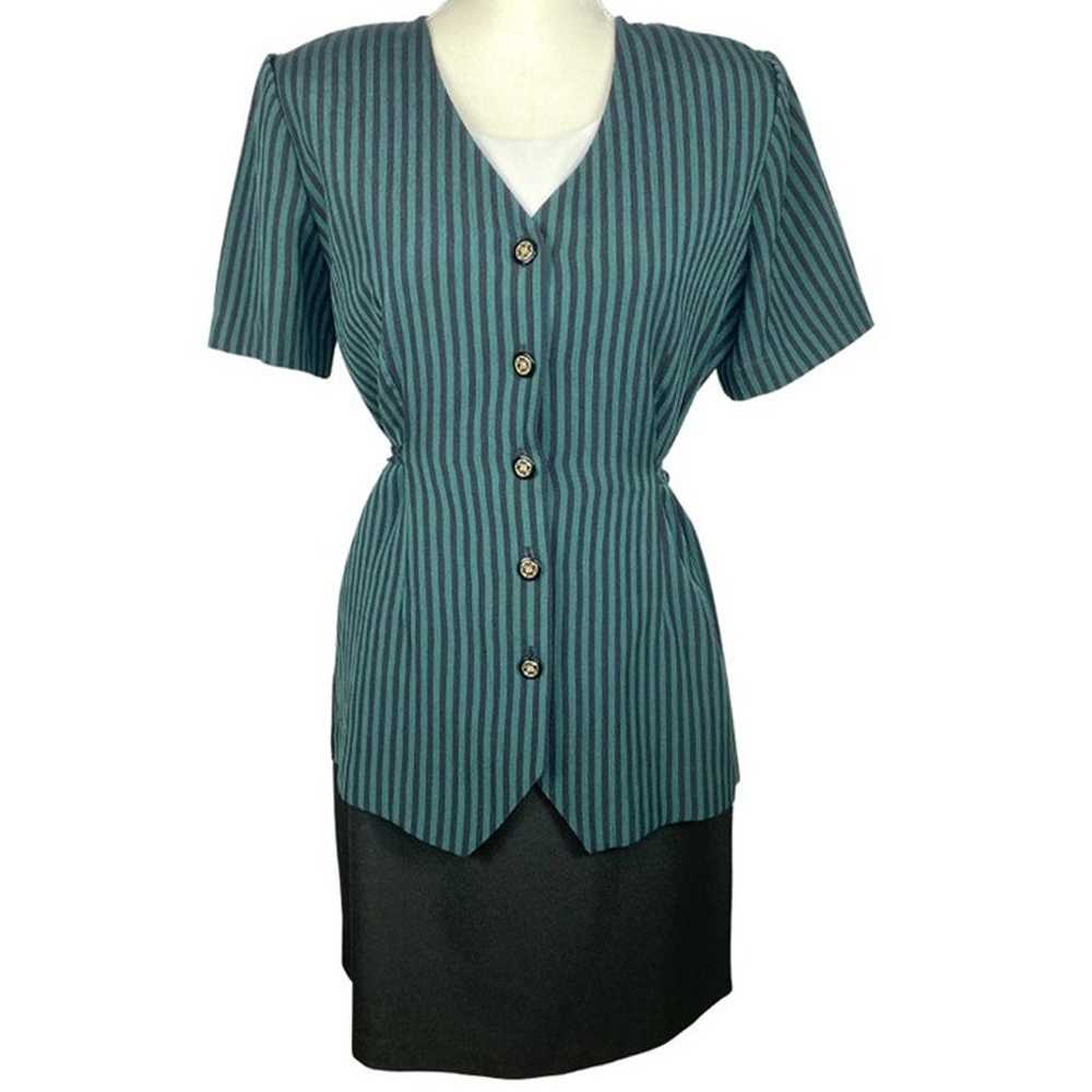 1980's Tunic Shirt Waist Dress Green & Black Pin … - image 1