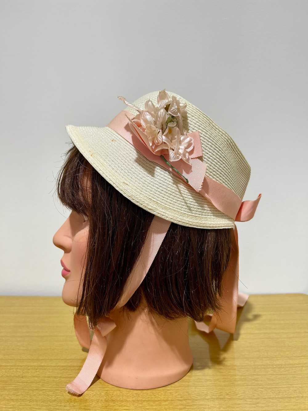 Vintage Sun Hat with Pink Ribbon and Flowers - image 2