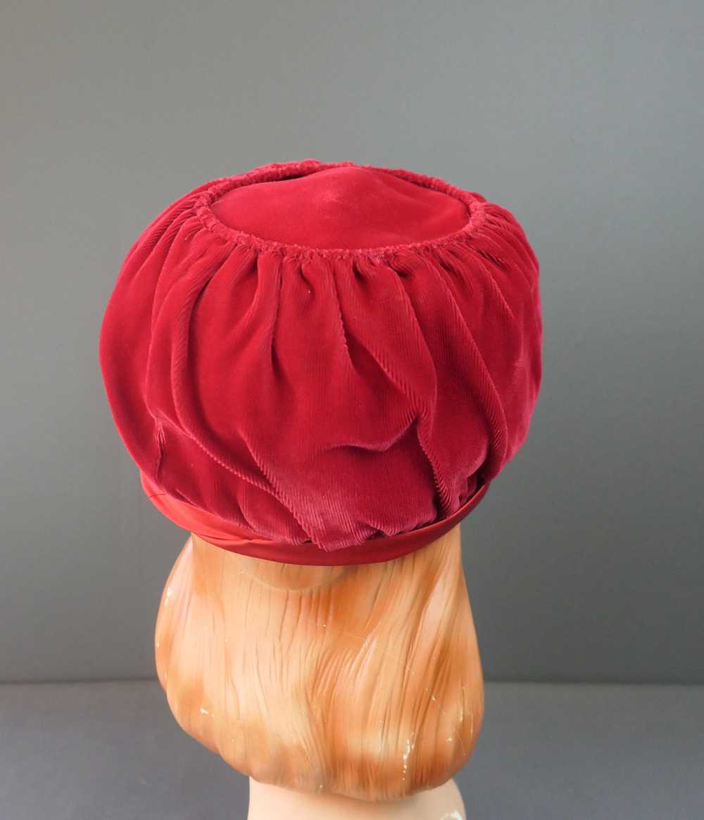 Vintage Dark Red Velvet Hat Toque with Safety Pin… - image 11