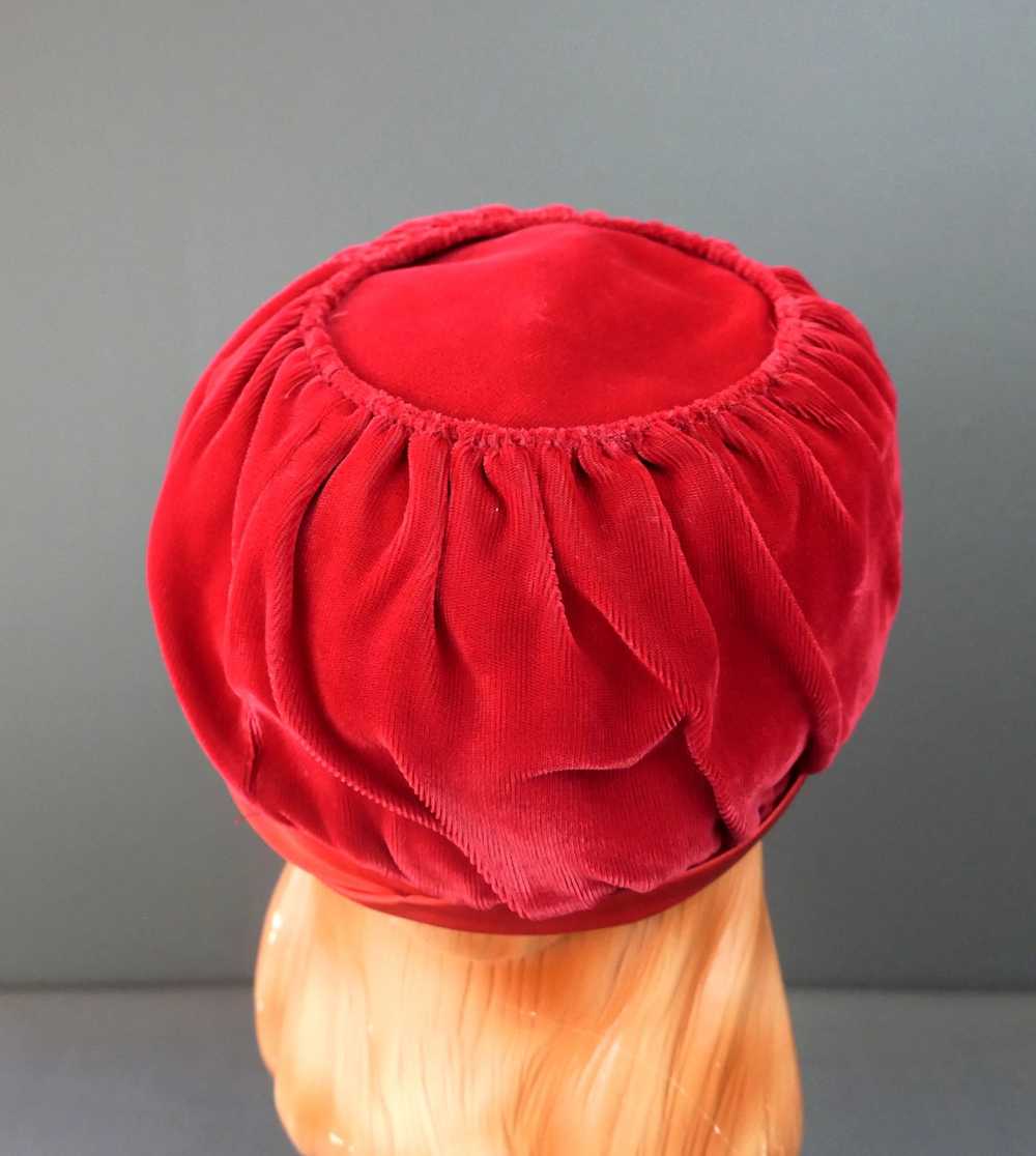 Vintage Dark Red Velvet Hat Toque with Safety Pin… - image 12