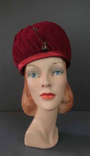 Vintage Dark Red Velvet Hat Toque with Safety Pin 