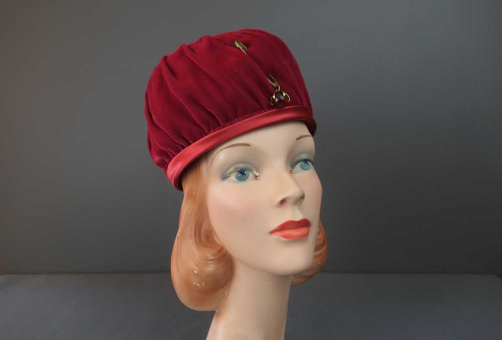 Vintage Dark Red Velvet Hat Toque with Safety Pin… - image 2