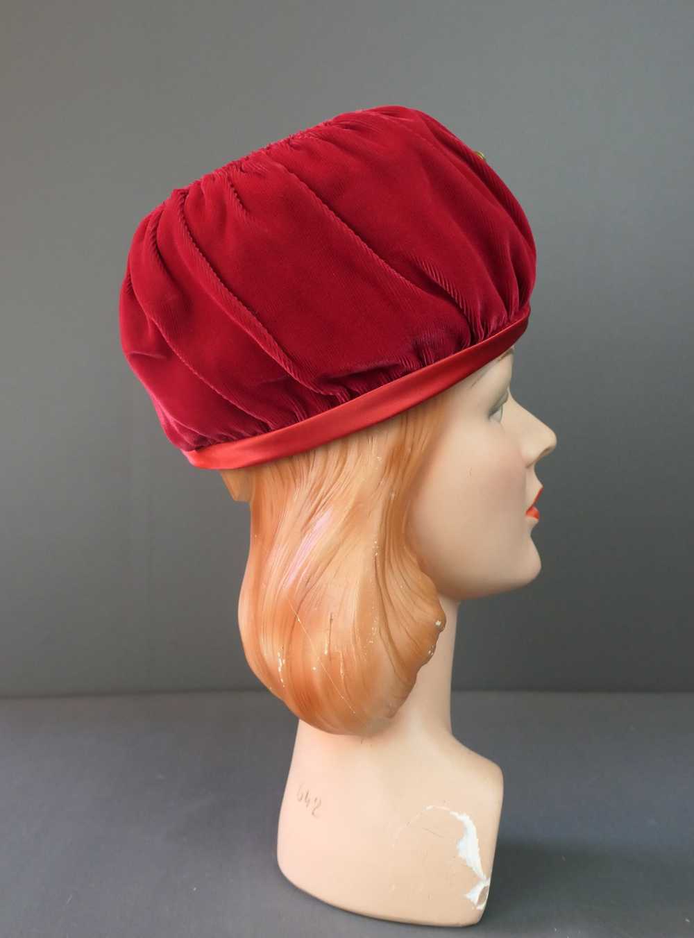 Vintage Dark Red Velvet Hat Toque with Safety Pin… - image 6