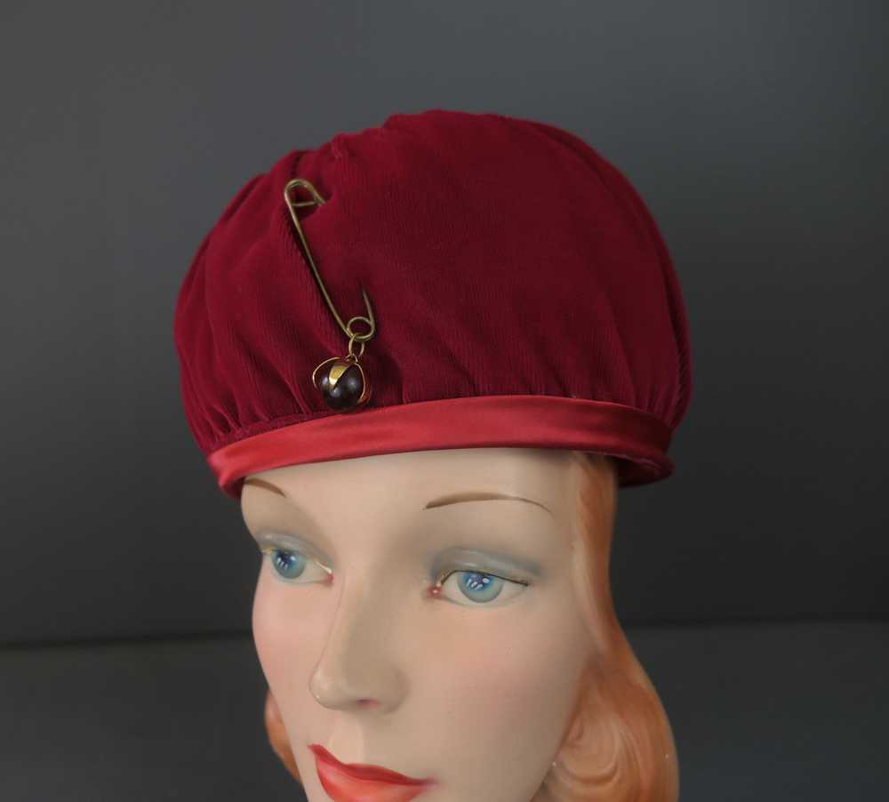 Vintage Dark Red Velvet Hat Toque with Safety Pin… - image 8