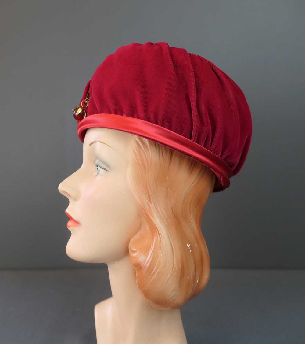 Vintage Dark Red Velvet Hat Toque with Safety Pin… - image 9