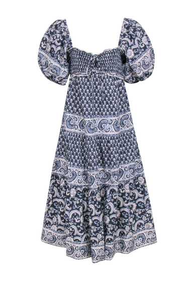 Sea NY - Navy & White Print Maxi Puff Sleeve Dress